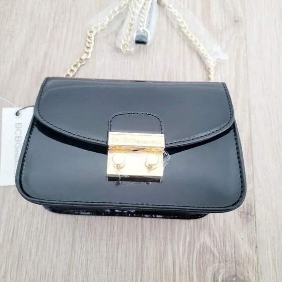 BCBGeneration Milly Black Patent Leather Gold Chain Cross Body Mini Small Purse - Picture 6 of 10